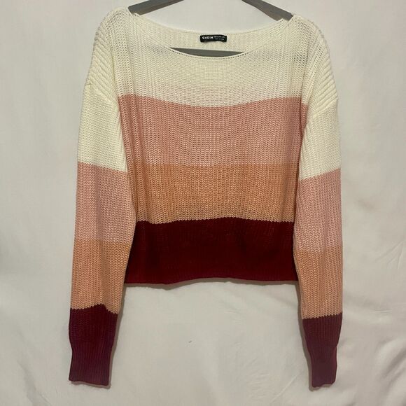 Pink Boxy Cropped Boat Neck Stripe Ribbed Knit Sweater - Picture 13 of 14